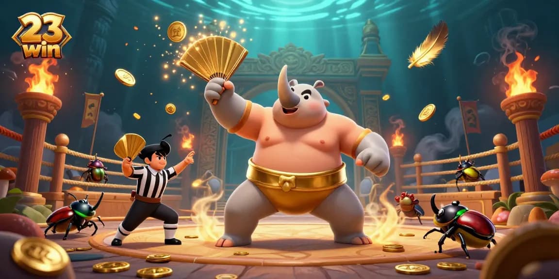 Watch 23 win beetle champion stomp sending golden coins flying in a dynamic casino arena illustration.
