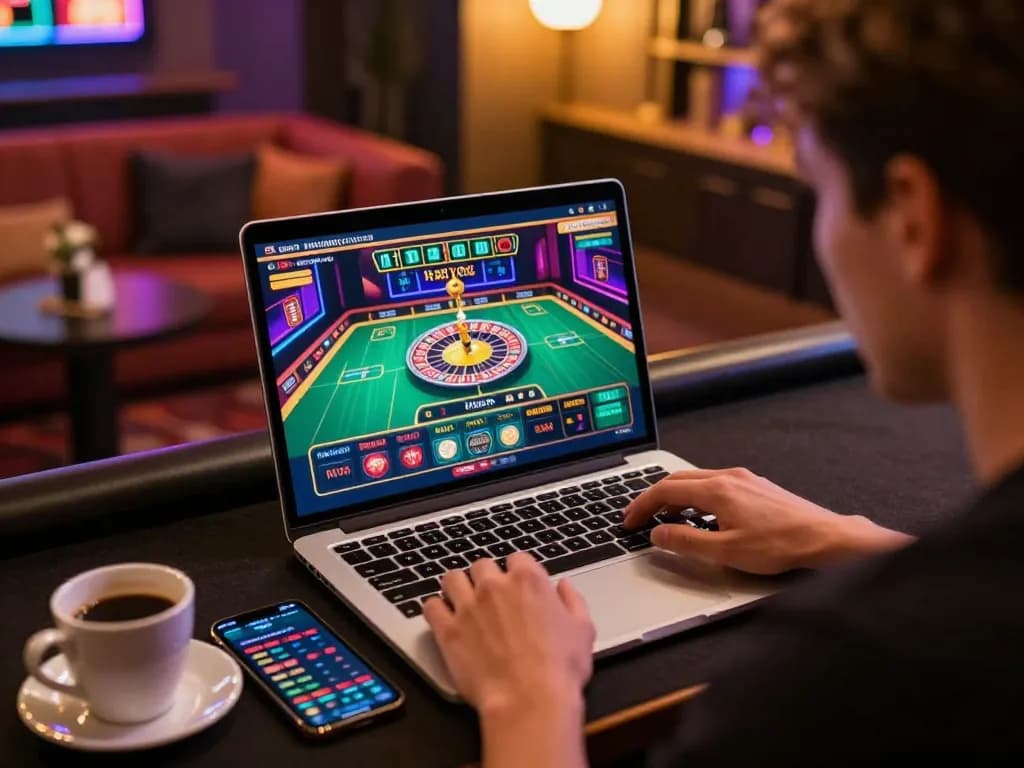 Engaging online gaming experience showcasing Website Da88 with roulette interface on laptop.
