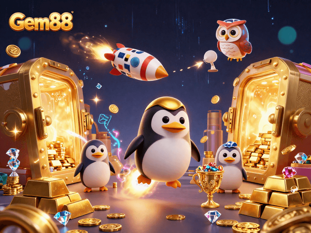 Join the golden penguin on its space adventure to Gem88, where excitement and riches await!