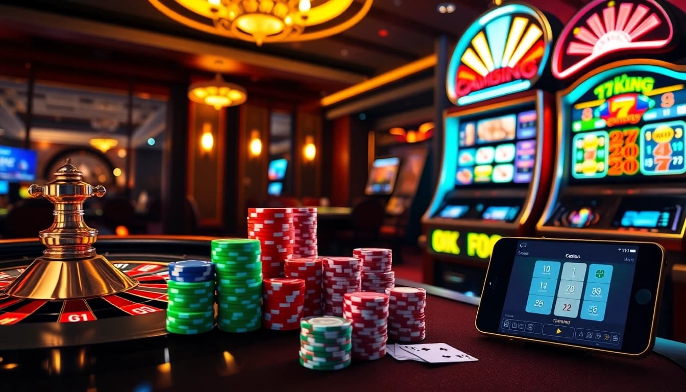 The vibrant 79KING online casino scene showcasing poker chips, a roulette wheel, and the app interface.