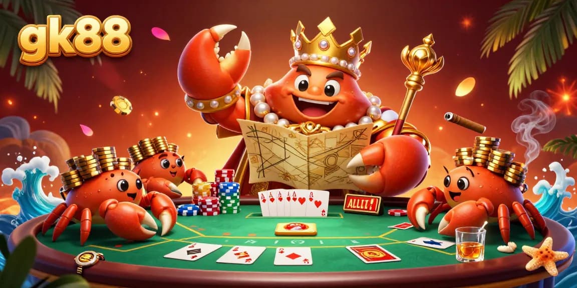Experience exciting gaming action at gk88 with a vibrant scene featuring a golden crab emperor and poker elements.