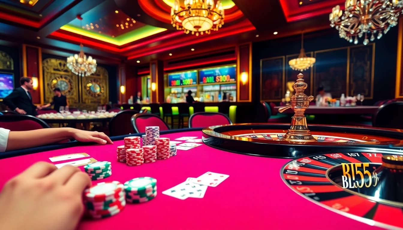 Players engaging in thrilling casino games at Bl555, featuring poker chips and cards in action.