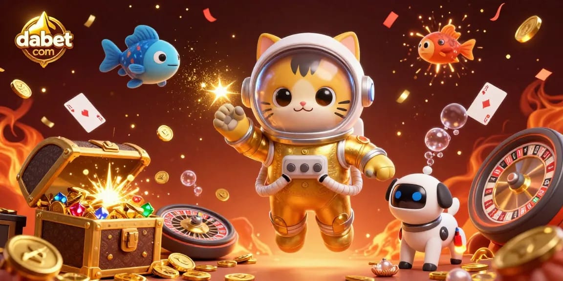Experience excitement at dabet com with a vibrant illustration featuring a space cat, robot dog, and casino-themed elements.