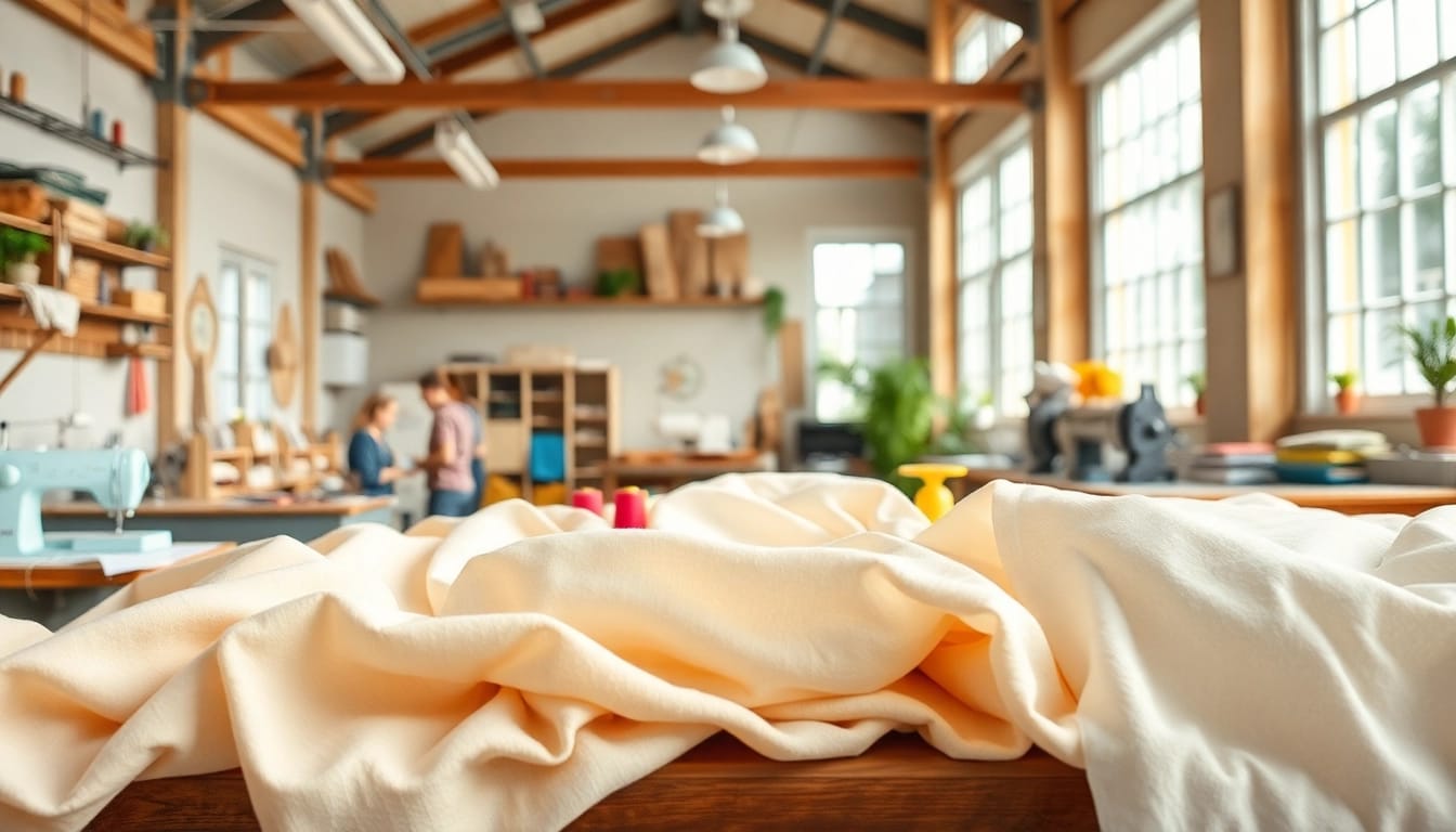100% katoen stoffen in een artistieke werkplaats met artisans en kleurrijke stoffen.
