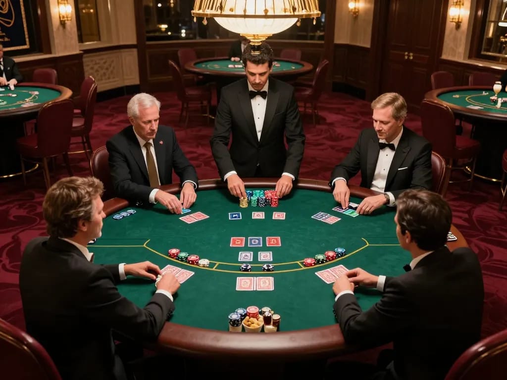 DA88 thrilling high-stakes poker game in an upscale casino with professional players betting.