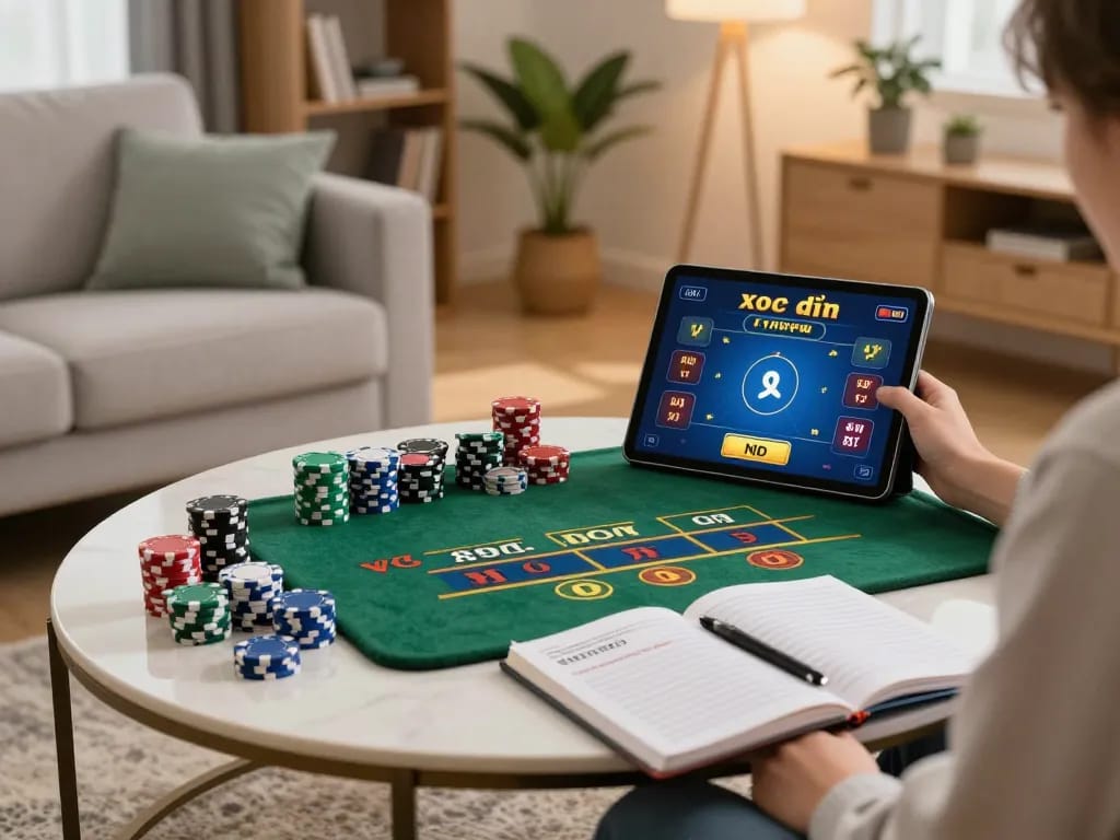 Engaging online game of xóc đĩa on tablet with betting strategies in cozy living room setting