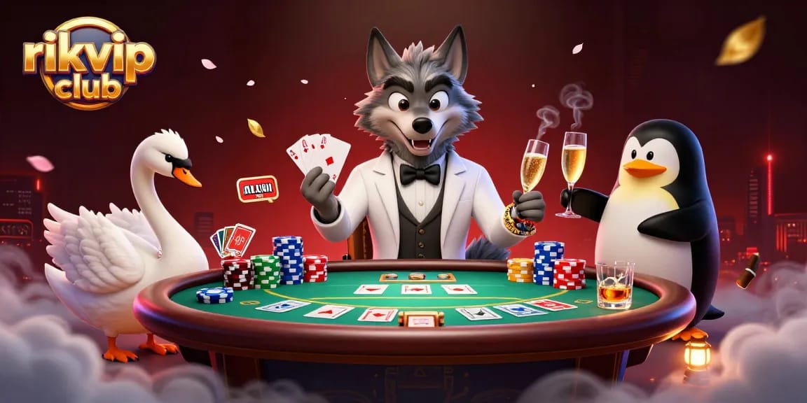 Engage in thrilling game strategies at rikvip club with a lavish baccarat scene featuring unique characters.