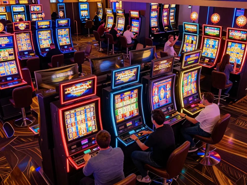 Engaged players enjoying the App Lucky88 at slot machines in an exciting casino environment