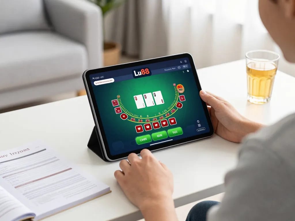 Playing blackjack on the App Lu88 in a cozy home office setting with strategy notes visible.