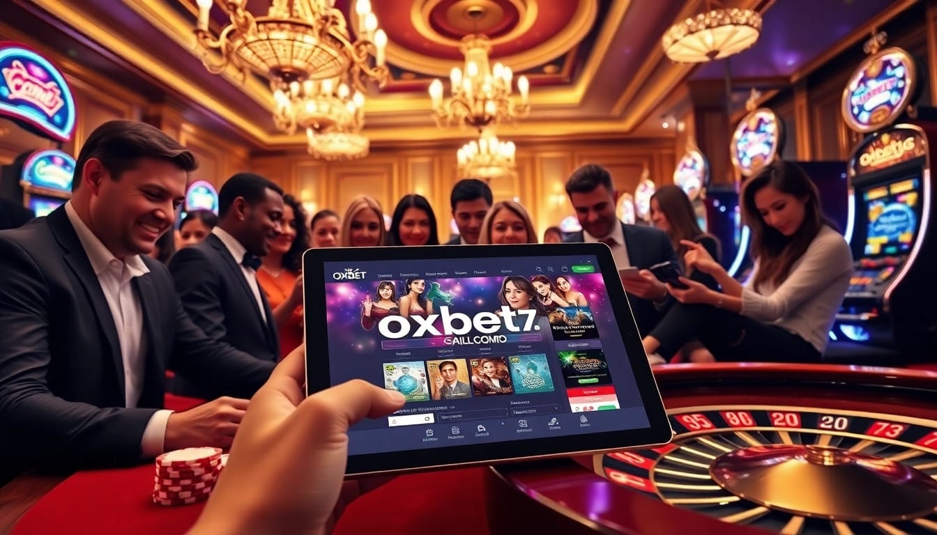 Experience the excitement of gaming at oxbet7.com with lively casino visuals featuring poker chips and a roulette wheel.