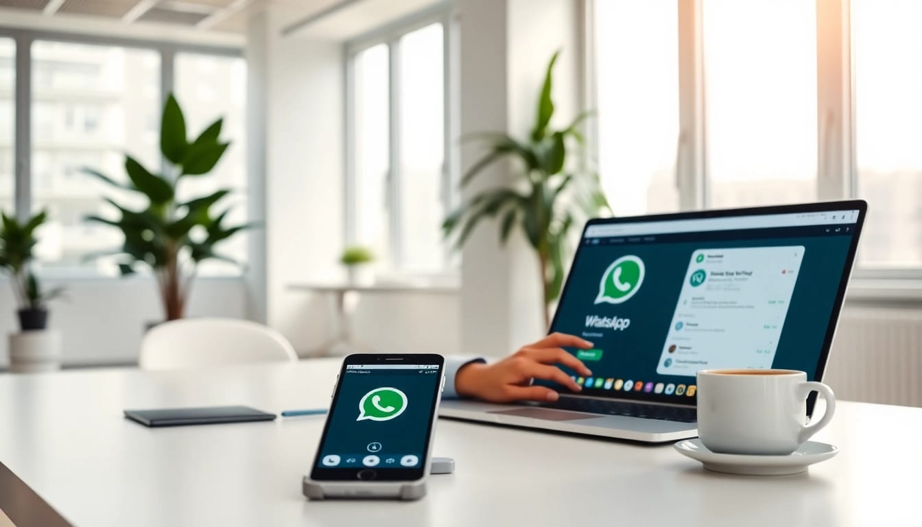 在明亮的办公室环境中，使用笔记本电脑体验 whatsapp网页版在线登录。