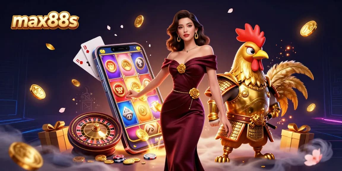 Engage in thrilling gaming adventures at max88s with stunning visuals of a glamorous woman and samurai rooster warrior.