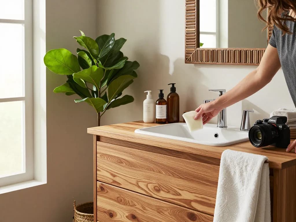 Stijlvol eiken bathroommeubel in een elegante badkameromgeving, dat warmte en functionaliteit toont.