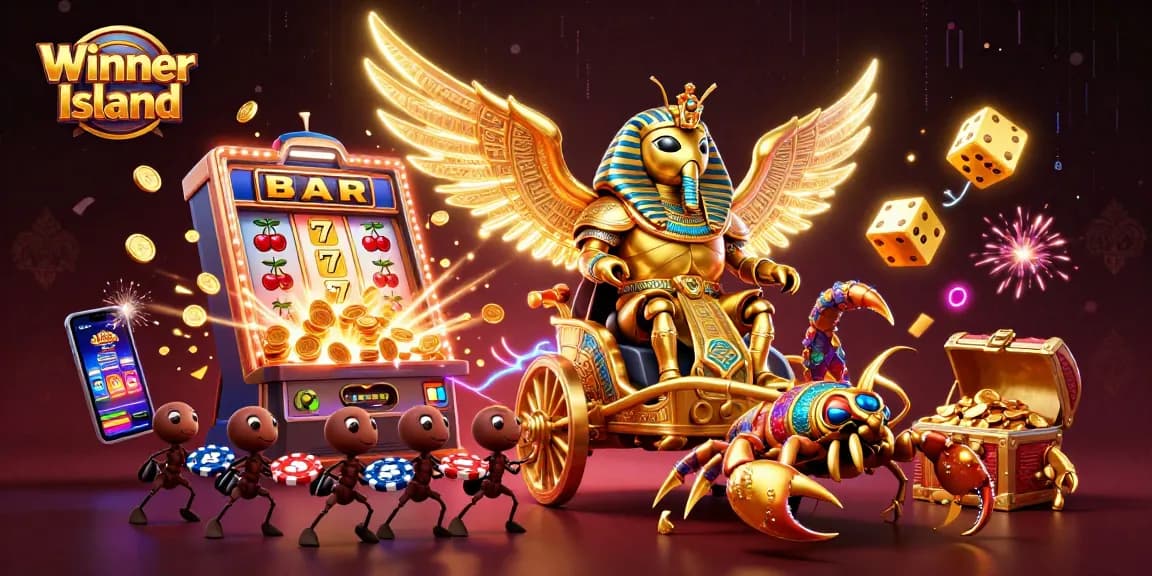 Experience the thrills of Winner Island with a dazzling display of casino games and unique characters.