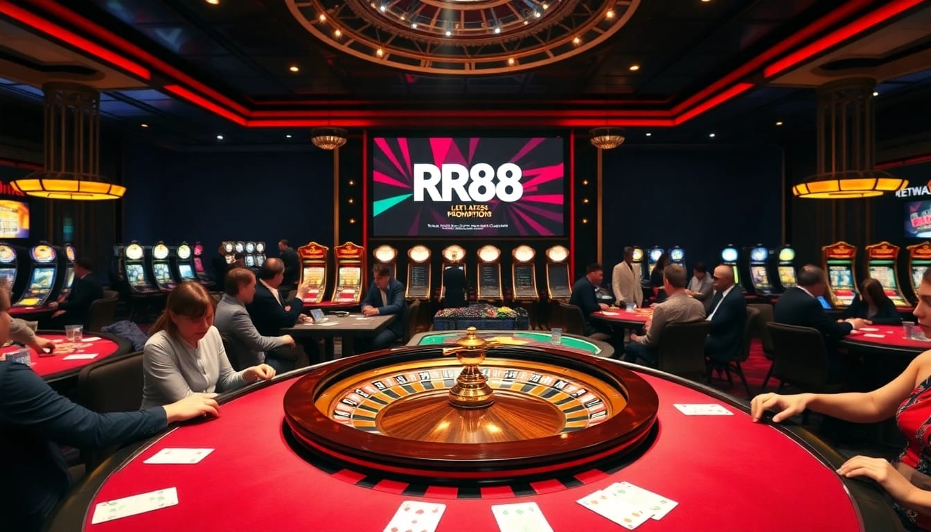 Experience the excitement of RR88 with vibrant casino visuals featuring roulette and poker tables.