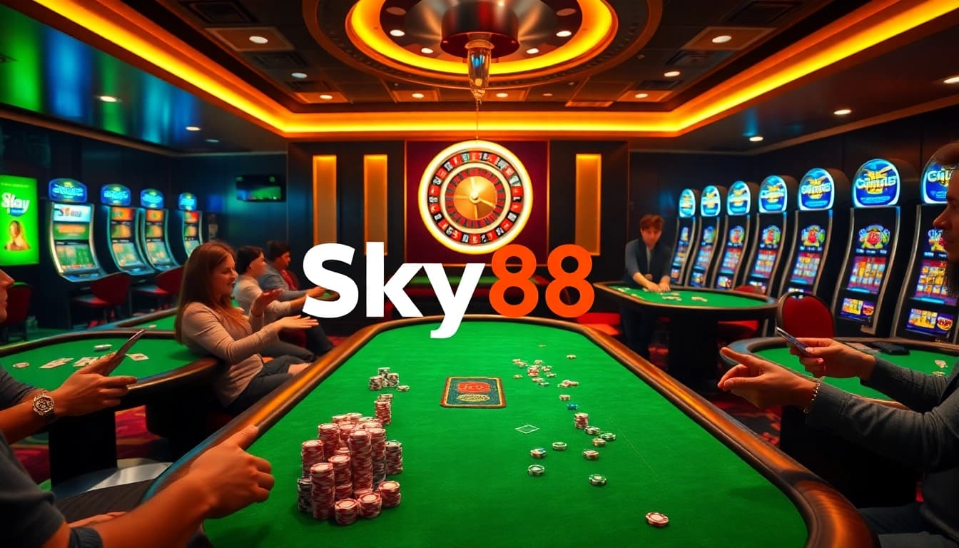 Players enjoying a thrilling poker game at Sky88 casino with vibrant tables and exciting atmosphere.