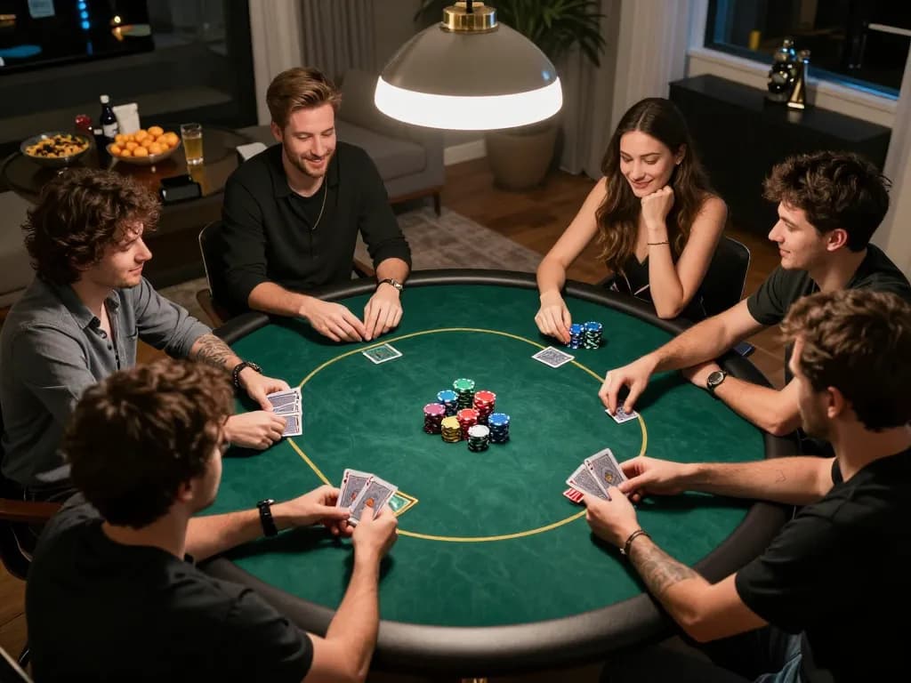 Players enjoying a poker night at home, showcasing camaraderie and excitement, navigating strategies on the trang chủ jun88 platform