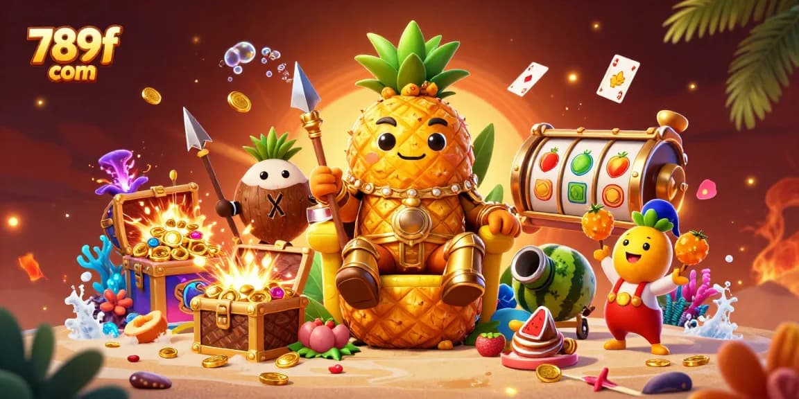 Engage with the vibrant 789f com gaming scene featuring a golden pineapple king and lively casino elements.