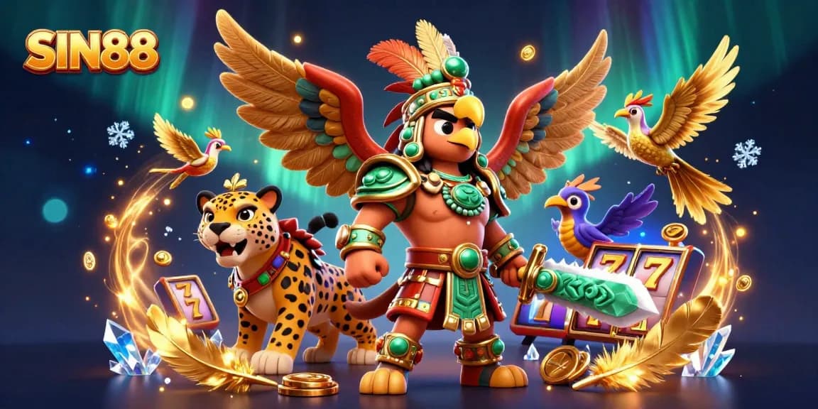 SIN88 slot gaming excitement illustrated with Aztec warriors and dynamic casino elements.