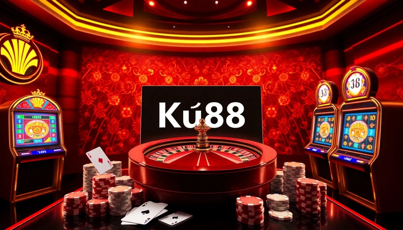 Engage with Link nhà cái Ku88 through a vibrant online casino atmosphere filled with roulette wheels and poker chips.