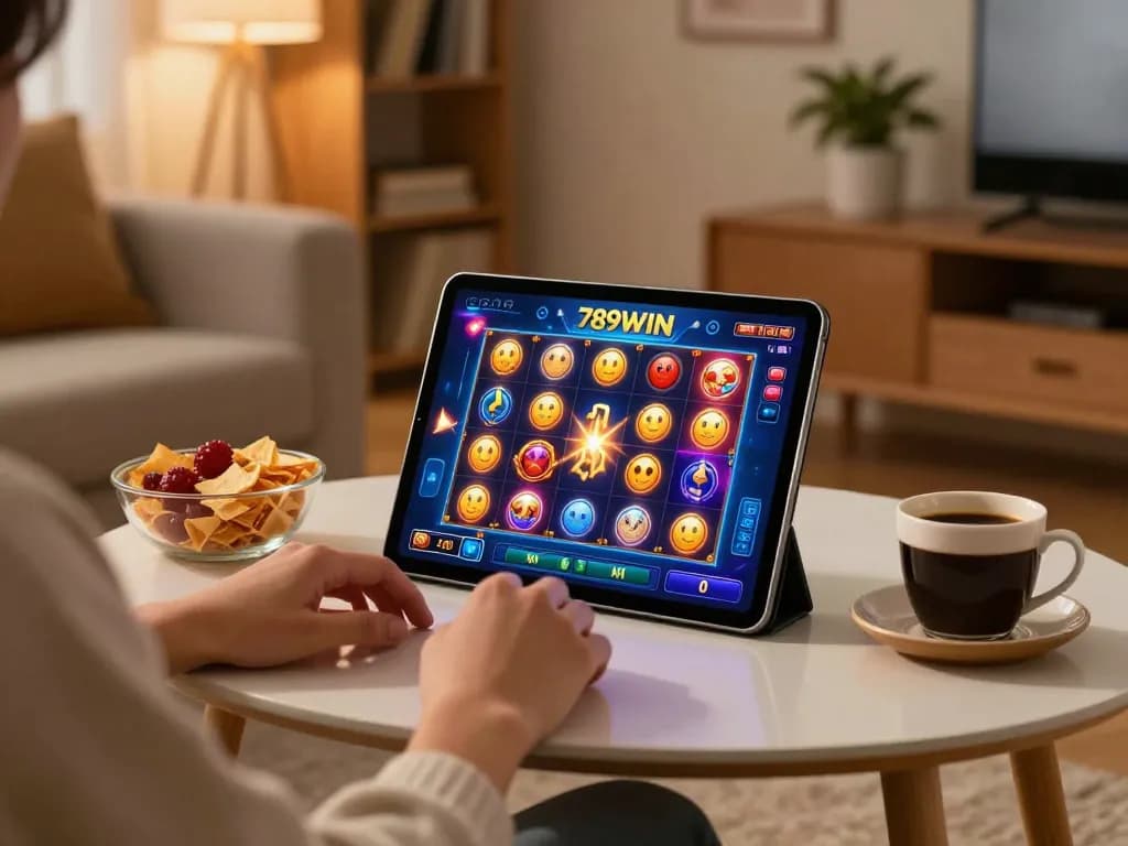 Engaging player on 789WIN tablet enjoying a home gaming strategy session amidst cozy decor.