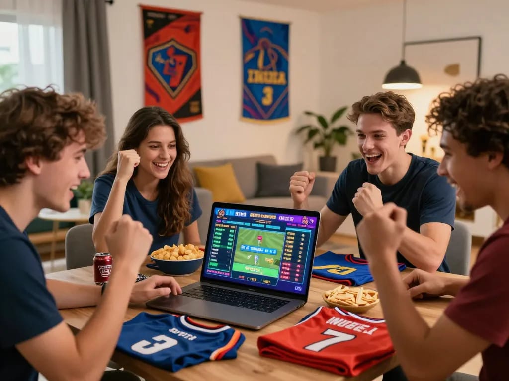 Engaging moment of friends celebrating as they access Link nhà cái Topbet for sports betting.