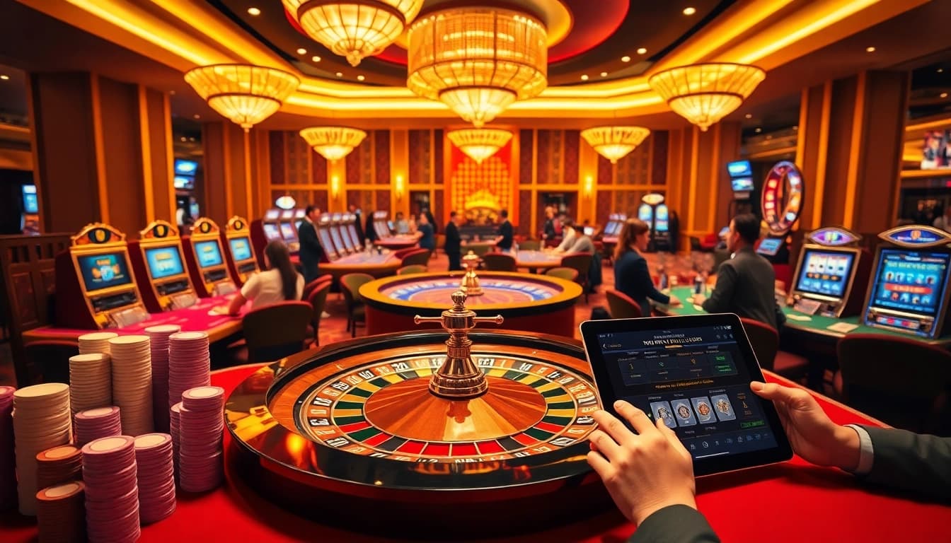 Experience the excitement of nhatvip.com with vibrant casino gaming, roulette, and poker tables.