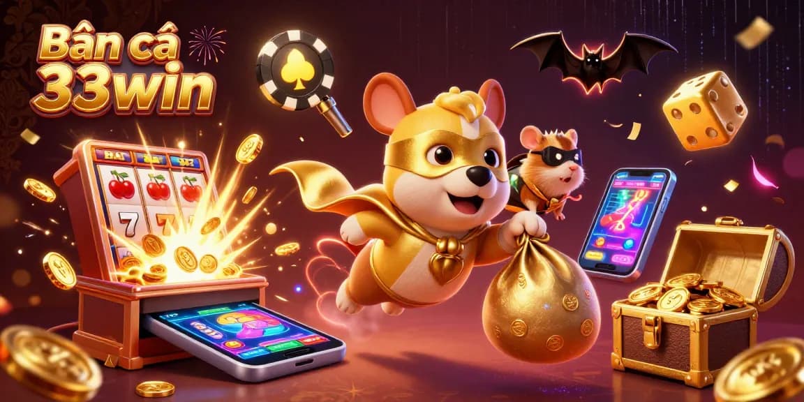Bắn cá 33win showcases an exciting casino scene with a superhero dog and hamster celebrating a jackpot explosion.