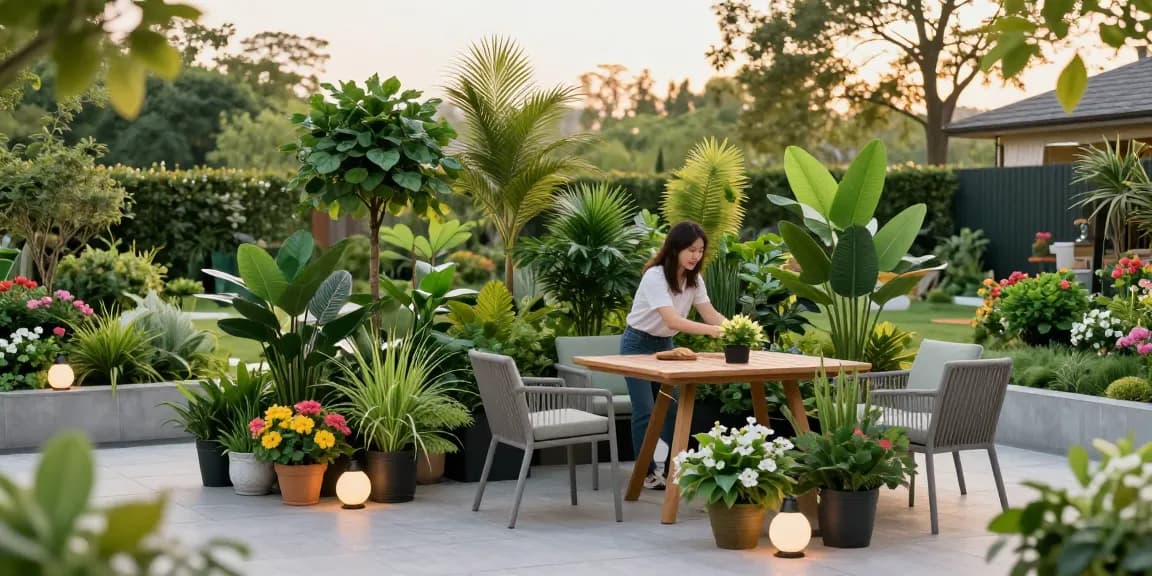 Kunsthaag voor buiten die een mooie tuin verbeterd met kunstplanten en levendige bloemen.
