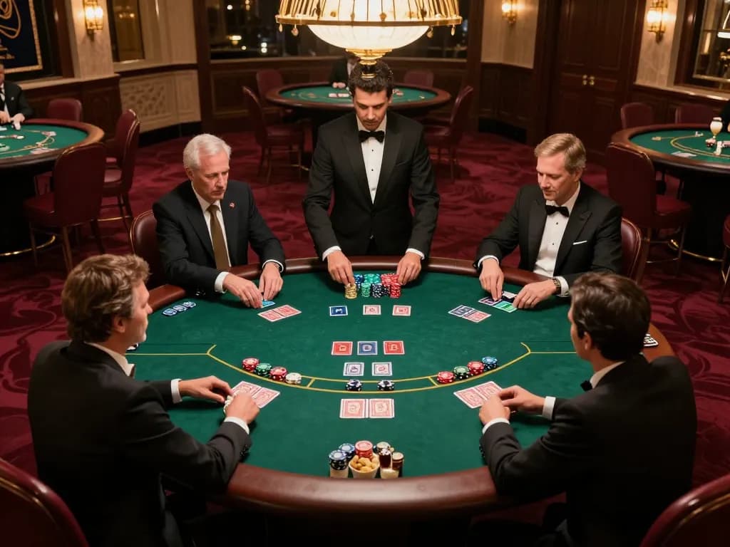 DA88 thrilling high-stakes poker game in an upscale casino with professional players betting.