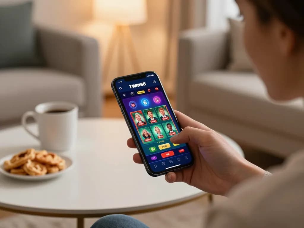 TWIN68 app user engaged in mobile gaming, enjoying an immersive casino experience at home.