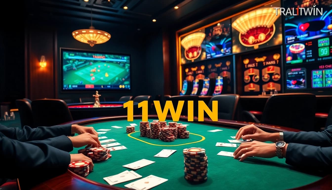 Exciting casino scene showcasing Trang Chủ 11WIN online gambling with poker chips and roulette wheel.