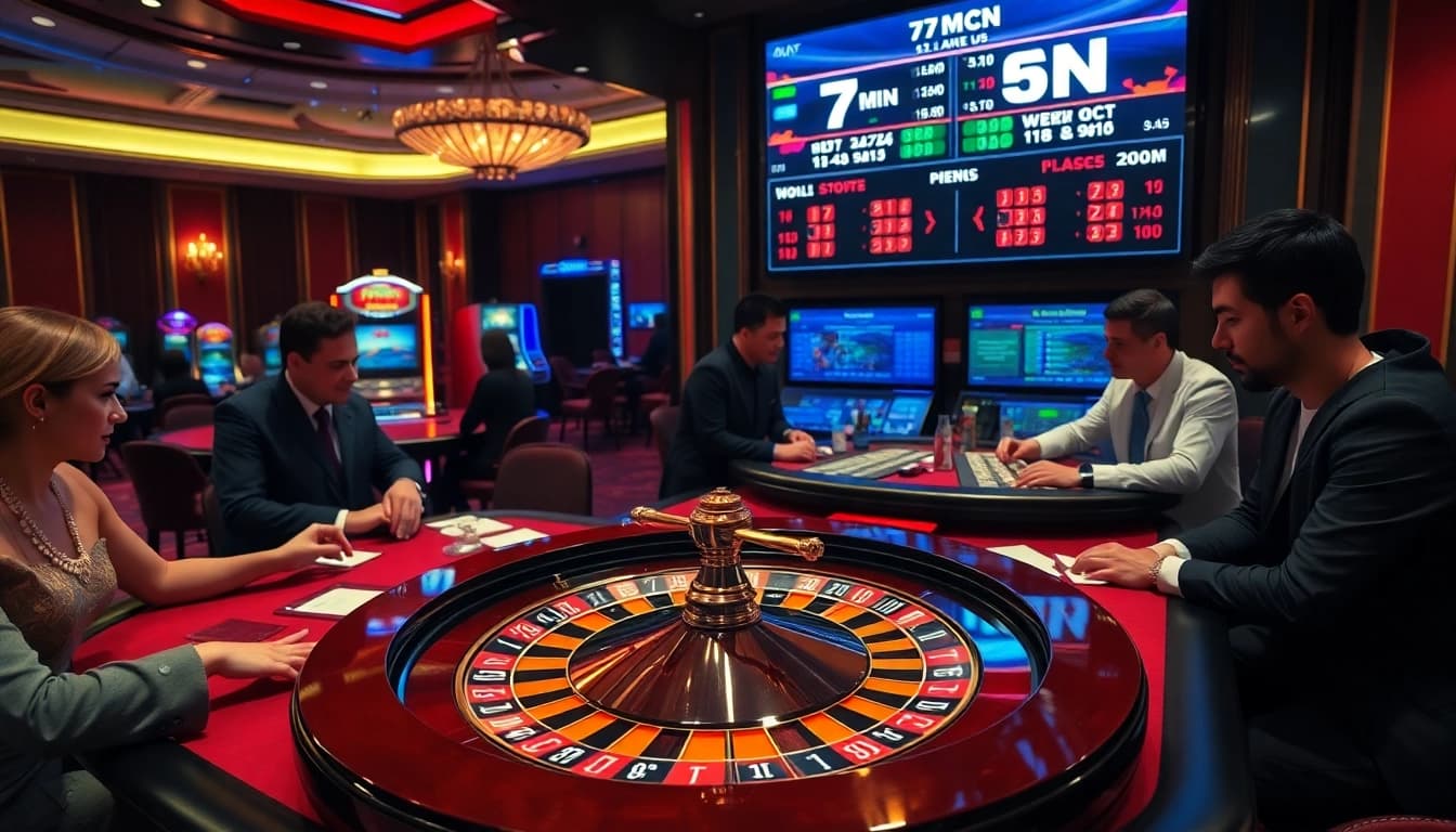 Experience the thrill of gambling at 7mcn with an elegant casino scene featuring players engaged in high-stakes roulette.