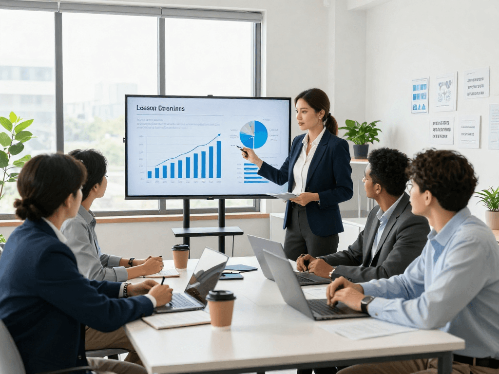 Professionals bespreken zakelijke leningen in een moderne kantoortuin met presentatiescherm.