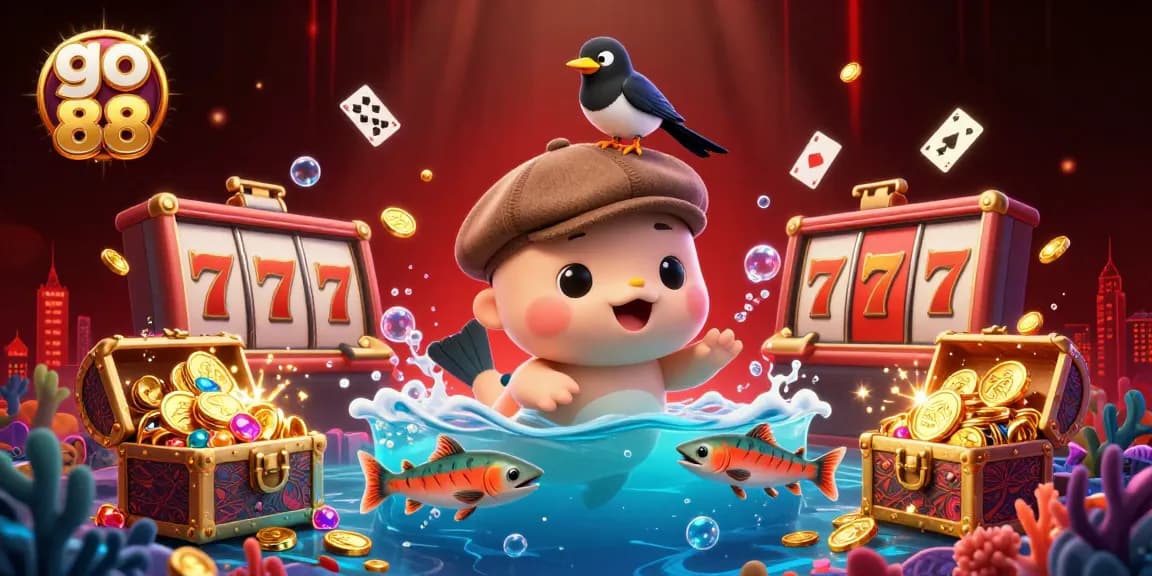 Spin the reels at go 88 with 3D cartoon Nessie winning coins and jackpots in an underwater casino.