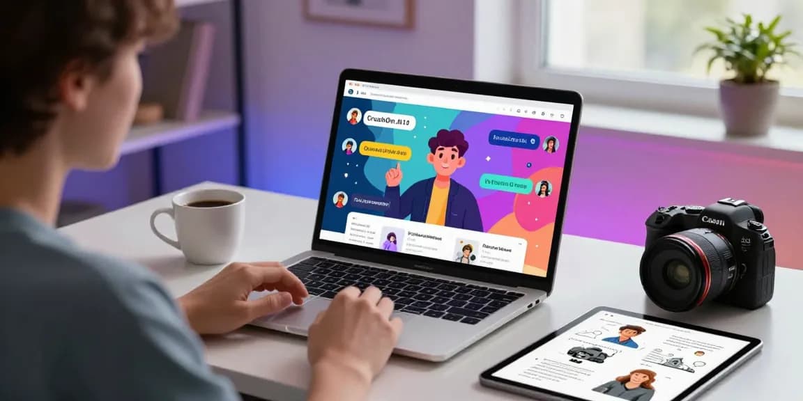 Immersive scene showcasing nsfw character ai interactions on a laptop with vibrant chat visuals and cozy digital ambiance.