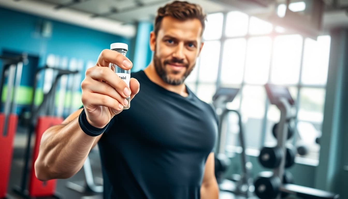Decabal Nandrolone Decanoate in de handen van een fitness trainer in een moderne sportschool.