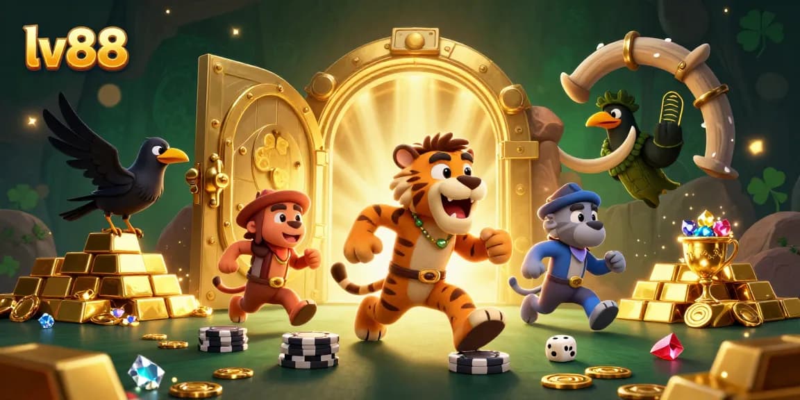 Engage in thrilling games at lv88, where cavemen and tigers find treasure in a vibrant casino setting.