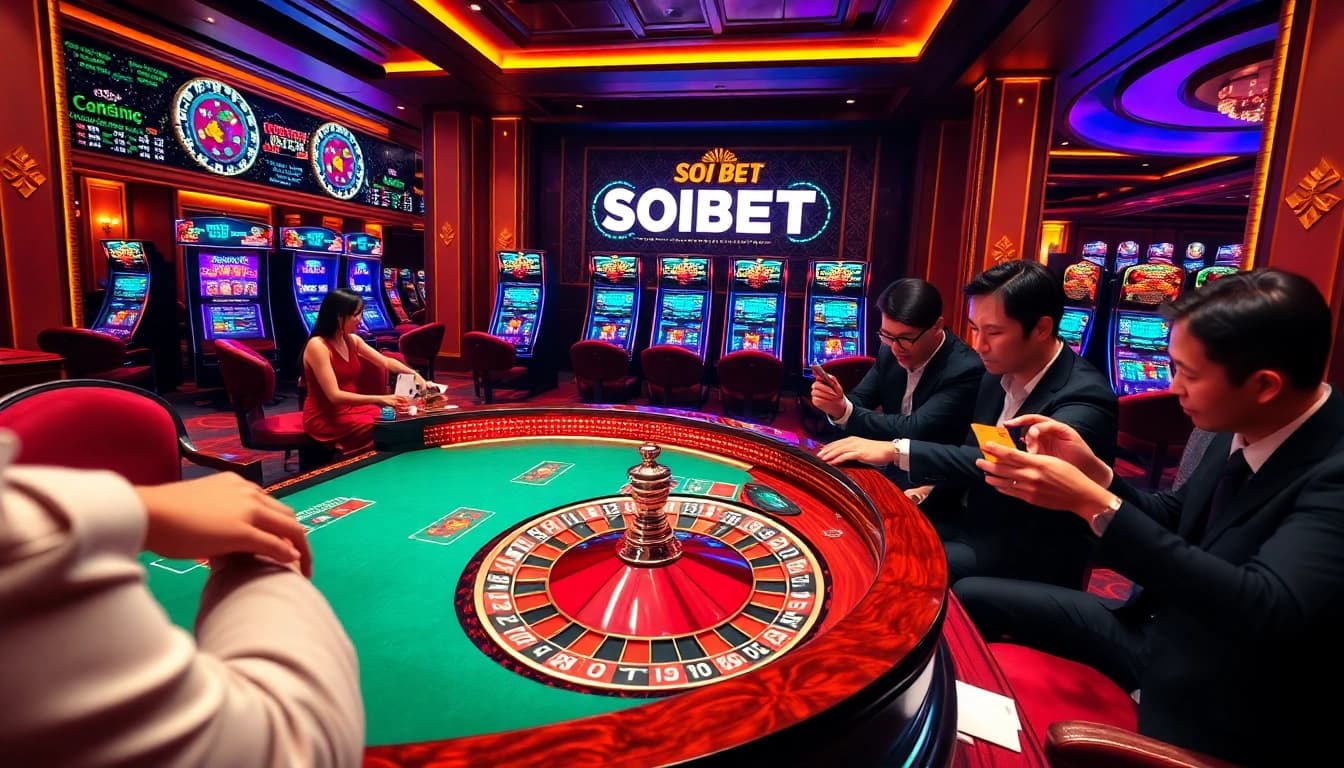 Exciting gaming atmosphere at SOIBET casino featuring roulette, poker, and slots.