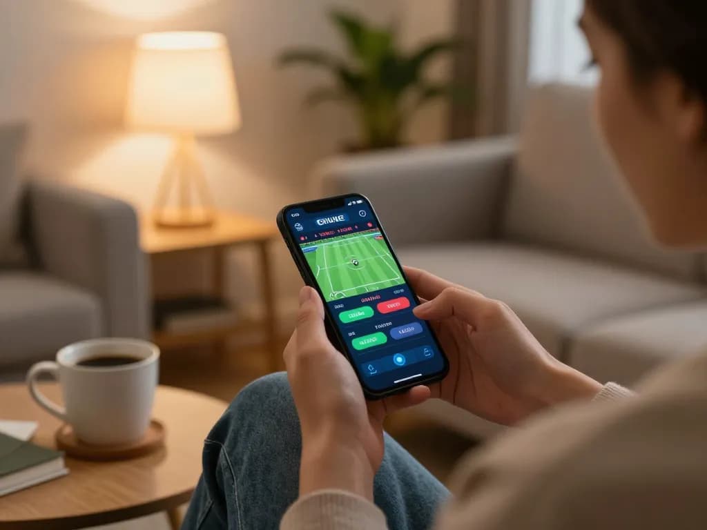 Place bets on 78winbs in a comfortable home setup using a smartphone, cozy atmosphere