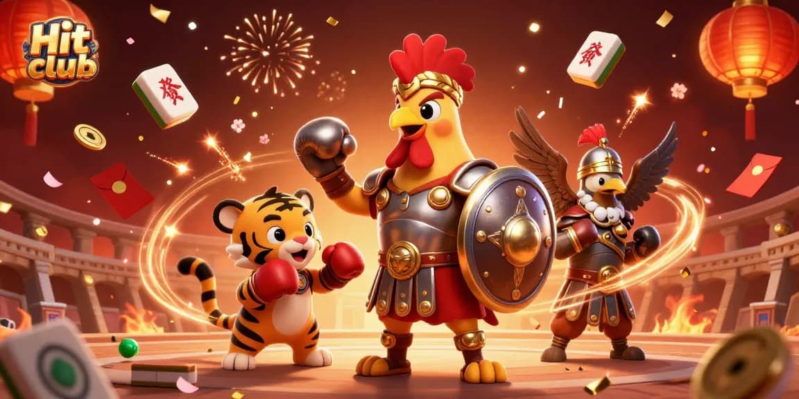 Engage with thrilling games at Hit club with 3D characters surrounded by festive casino elements.