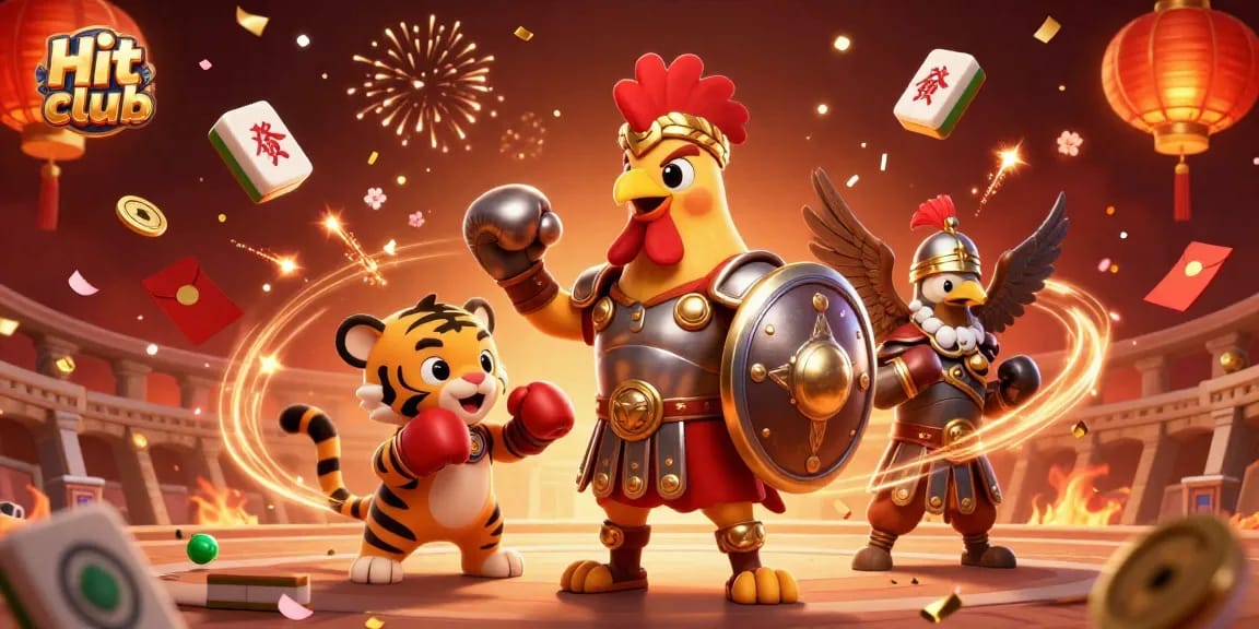 Engage with thrilling games at Hit club with 3D characters surrounded by festive casino elements.