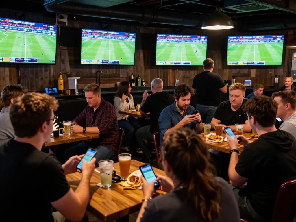Patrons engaging in lively sports betting at UK88, checking odds on smartphones and enjoying drinks