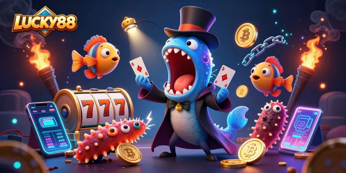 Spin the reels and win big with LUCKY88 in this vibrant underwater casino scene.