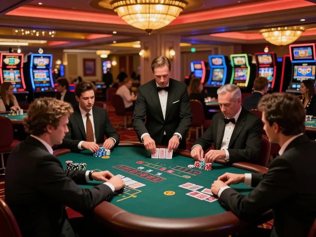 vswin player strategizing at an upscale blackjack table illuminated by warm lighting