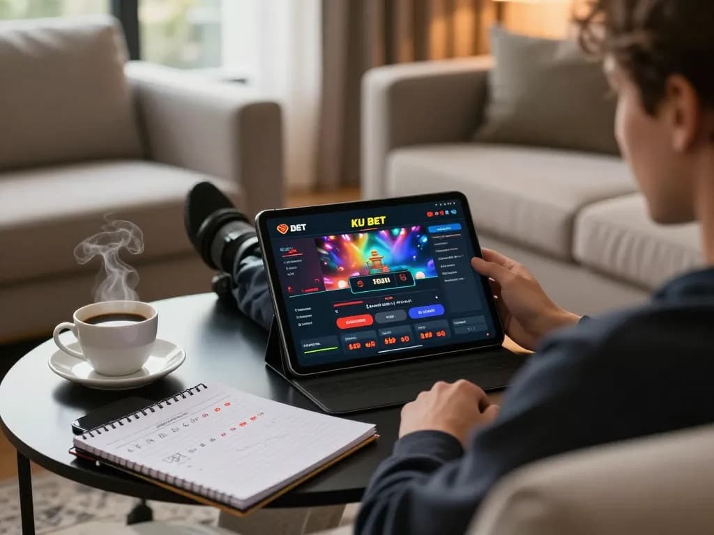 Player strategizing while enjoying ku bet online casino on a tablet in a cozy home environment