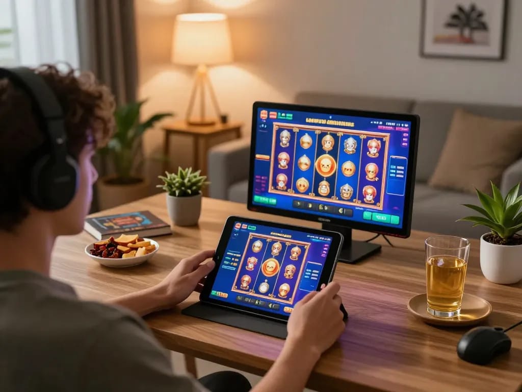 Engaging online gaming with max88s on a tablet, showcasing vibrant slot machine graphics and responsible entertainment.