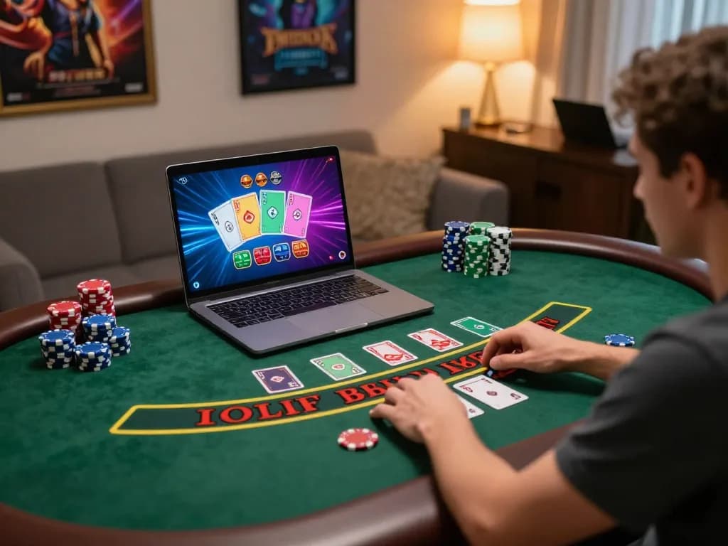 Người chơi LUCK8 tham gia vào trò chơi blackjack trực tuyến thú vị với laptop, hiển thị chip và bài.
