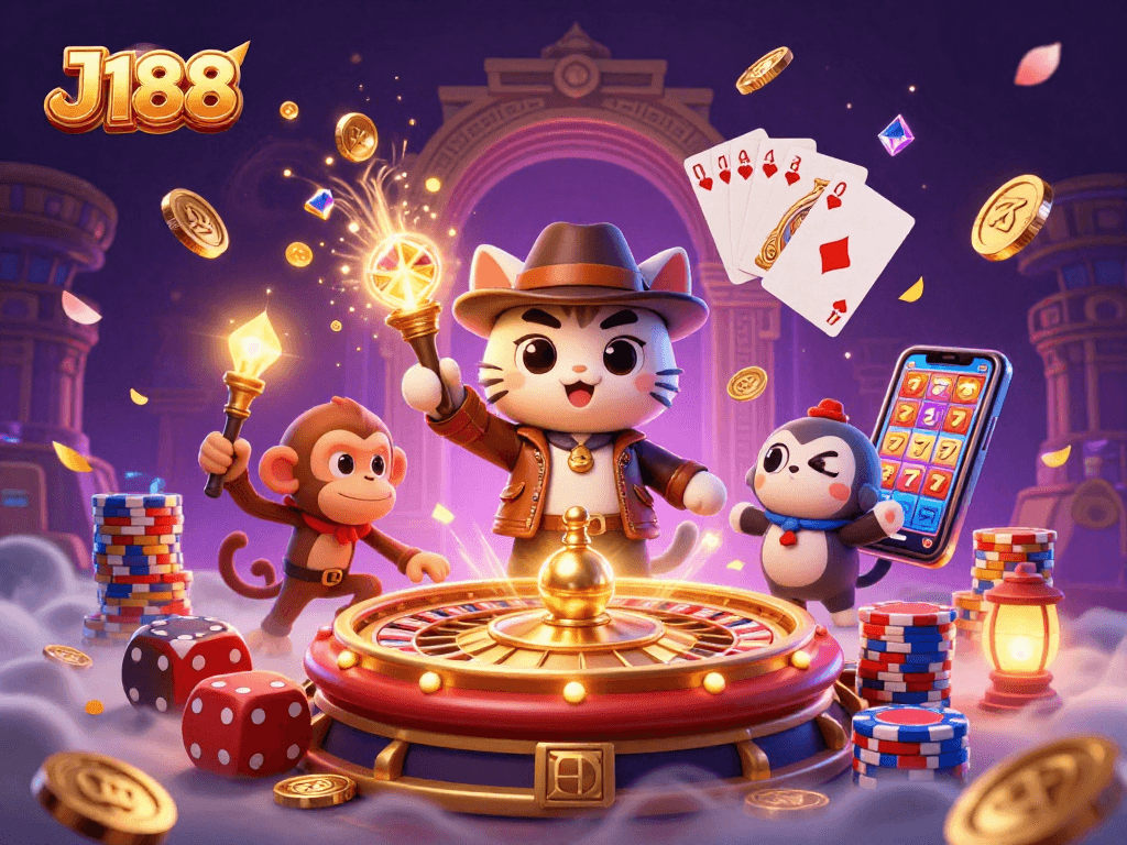 Experience the vibrant J188 casino adventure with golden coins, cards, and a thrilling dynamic scene.