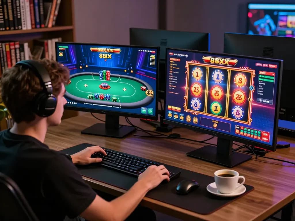 Player engaging with diverse games on the 88xx platform in a modern home office setup.